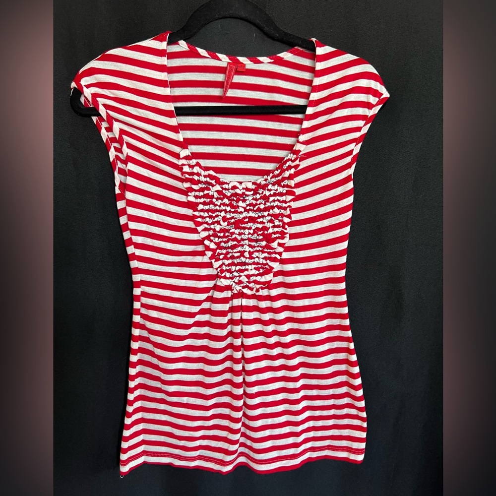 👚 Anthropologie One September Red & White Striped Cap Sleeve Top | Size S EUC